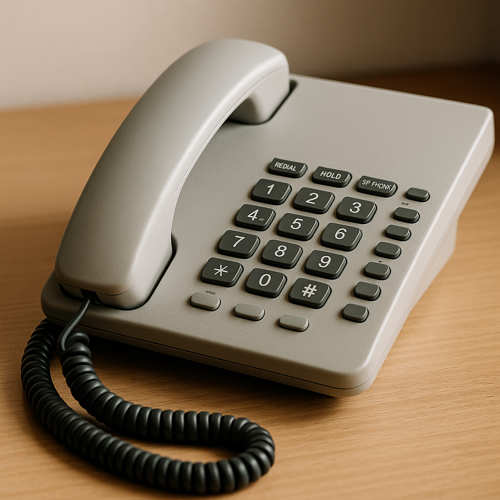 Teléfono fijo gris con teclado numérico y auricular sobre escritorio de madera