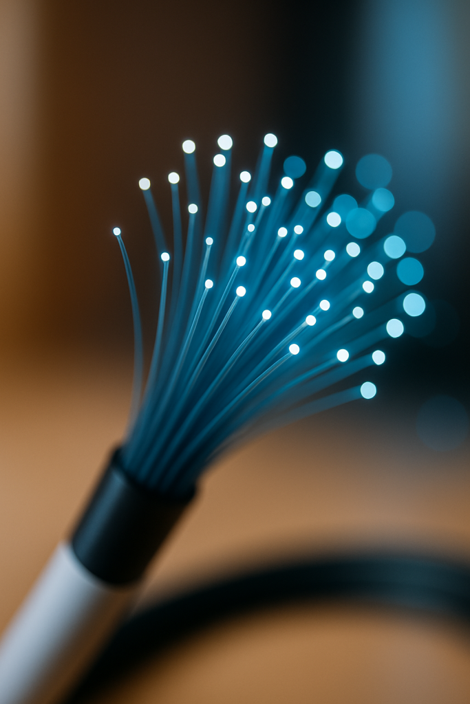 Primer plano de cables de fibra óptica con luces azules brillando en la punta