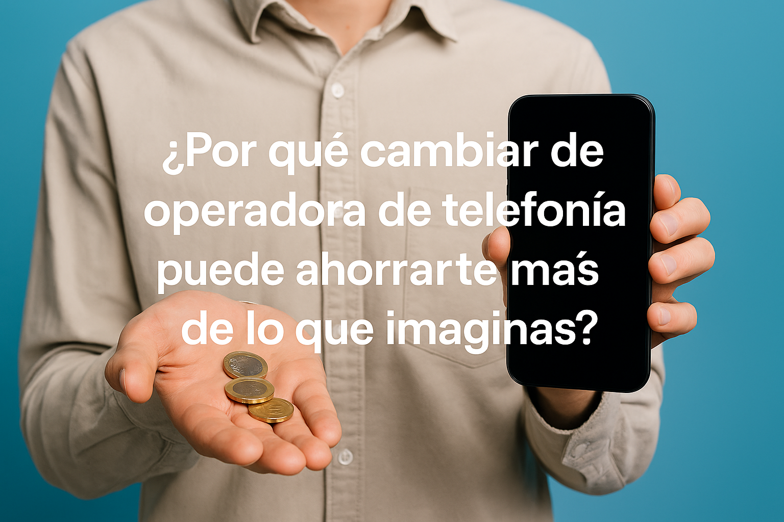 Persona mostrando un móvil y monedas de euro para ilustrar el ahorro al cambiar de operadora de telefonía.