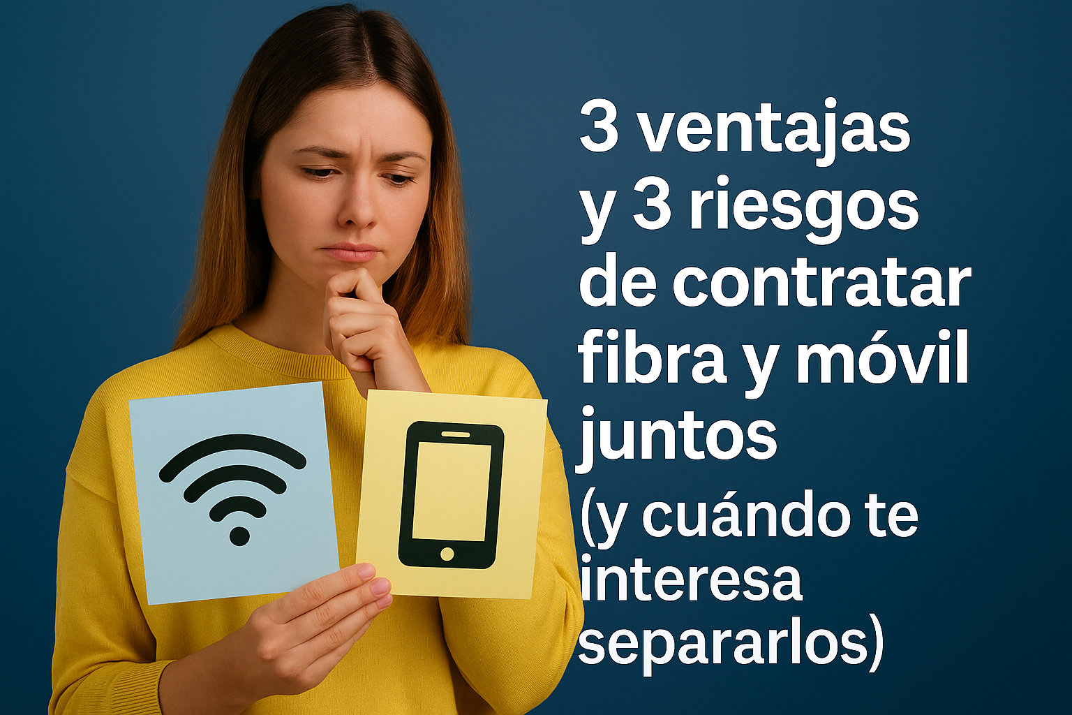 Mujer joven comparando carteles de Wi-Fi y móvil, junto al texto “3 ventajas y 3 riesgos de contratar fibra y móvil juntos (y cuándo te interesa separarlos)” sobre fondo azul.