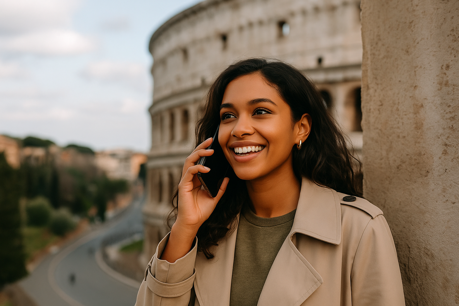 Mujer joven hablando por teléfono junto al Coliseo, representando las tarifas móviles internacionales