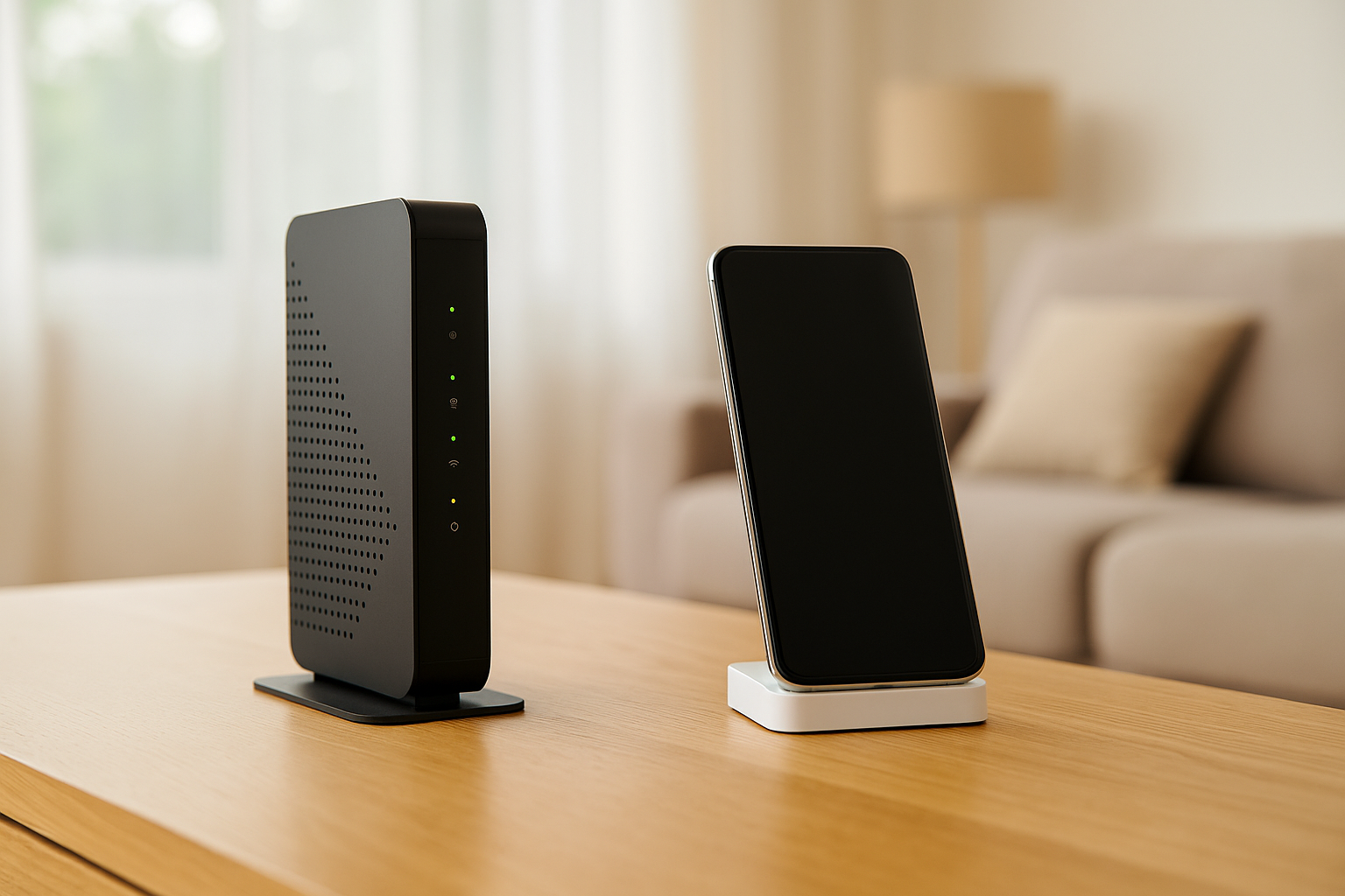 Router y smartphone sobre una mesa en salón, representando la tarifa combinada de fijo, fibra y móvil