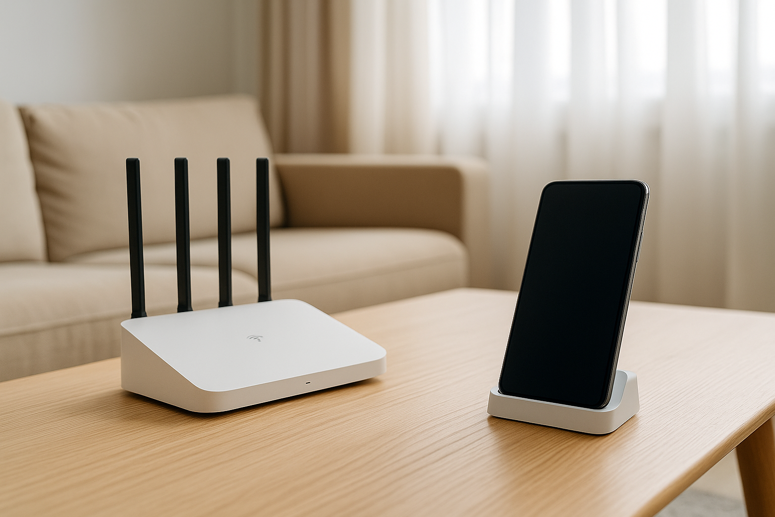 Router blanco y móvil en una mesa de salón, ilustrando la tarifa de fibra + móvil