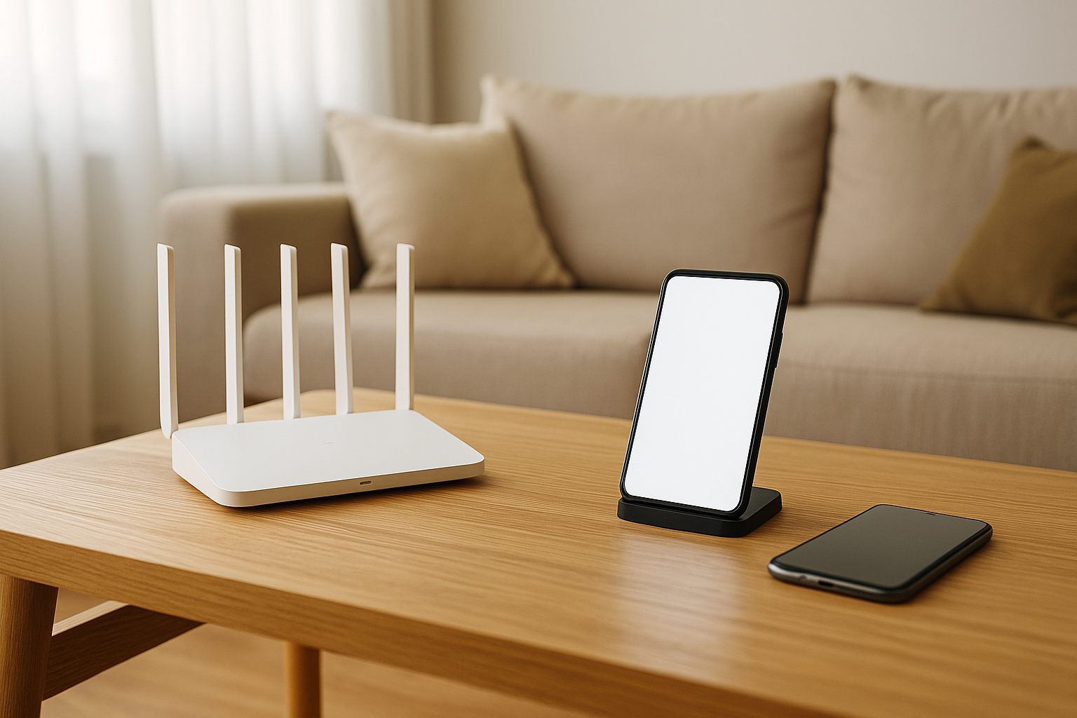 Dos smartphones y un router sobre mesa en salón, representando una tarifa compartida de fibra y móvil