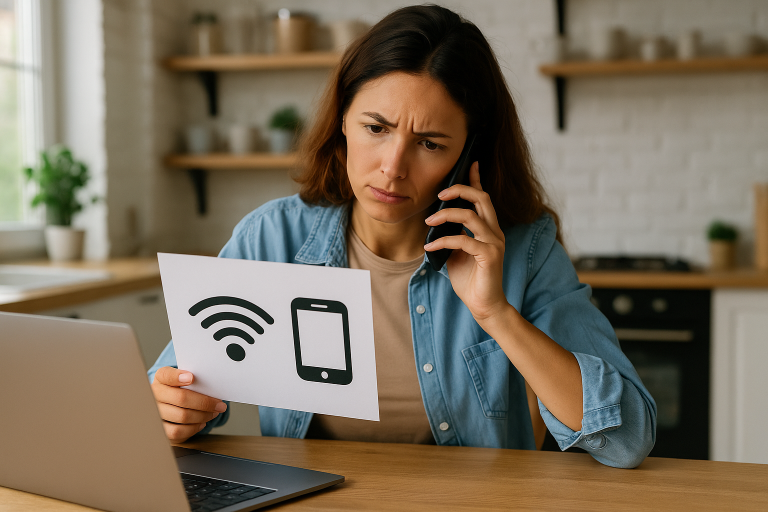 Mujer mirando preocupada un papel con iconos de Wi-Fi y móvil mientras habla por teléfono y consulta su portátil, representando dudas sobre su tarifa de telefonía.