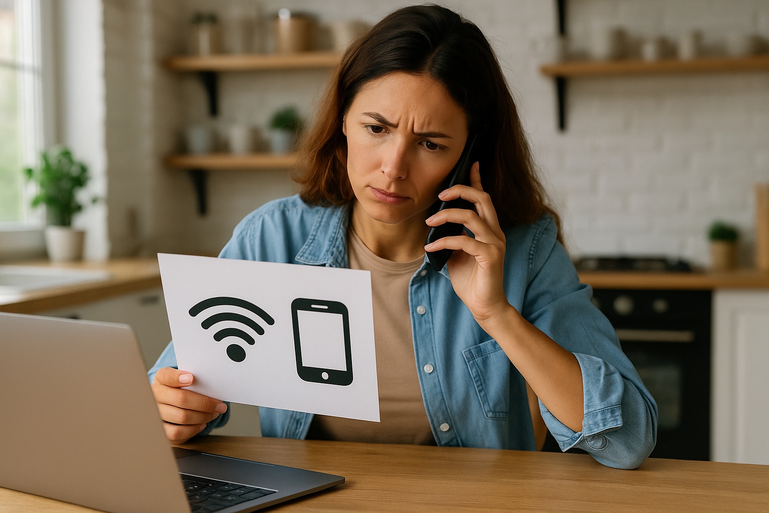 Mujer mirando preocupada un papel con iconos de Wi-Fi y móvil mientras habla por teléfono y consulta su portátil, representando dudas sobre su tarifa de telefonía.