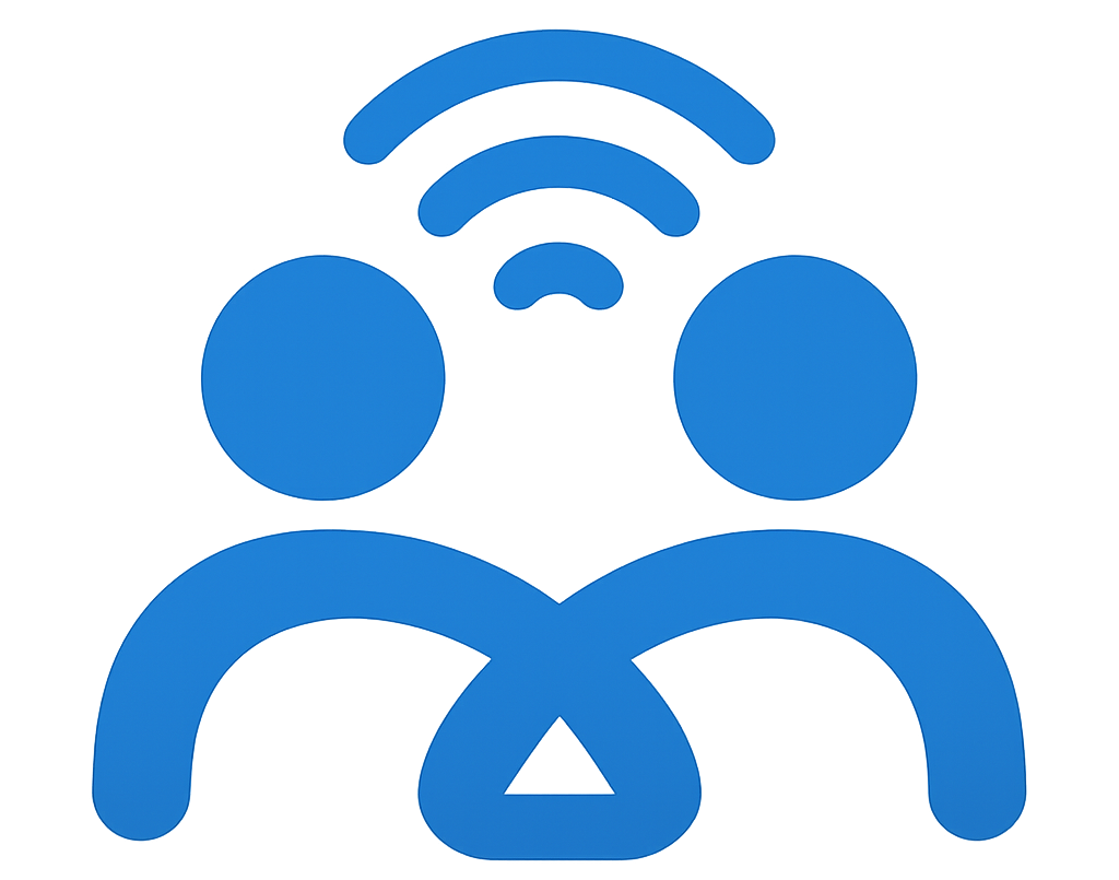 Icono azul de dos personas conectadas por una señal inalámbrica