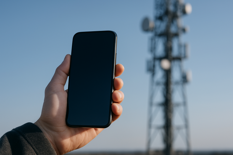 Teléfono móvil en ciudad con antena al fondo